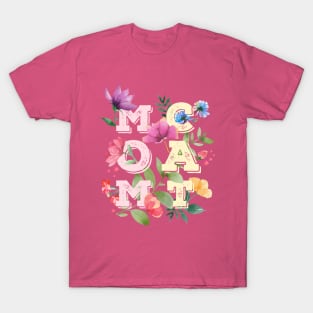 MOM CAT Letters with Flowers (Black Background) T-Shirt